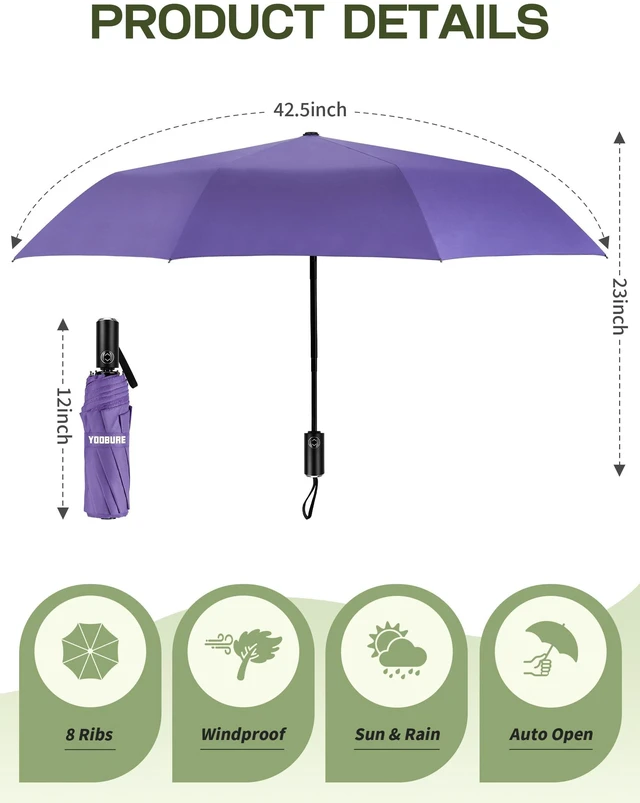 Alt view image 2 of 7 - Compact Travel Umbrella, Windproof Automatic Folding UV Sun & Rain | One-touch automatic open close; windproof for heavy rain; UV protection fabric; lightweight for backpack car, men women kids