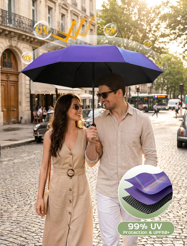 Alt view image 3 of 7 - Compact Travel Umbrella, Windproof Automatic Folding UV Sun & Rain | One-touch automatic open close; windproof for heavy rain; UV protection fabric; lightweight for backpack car, men women kids
