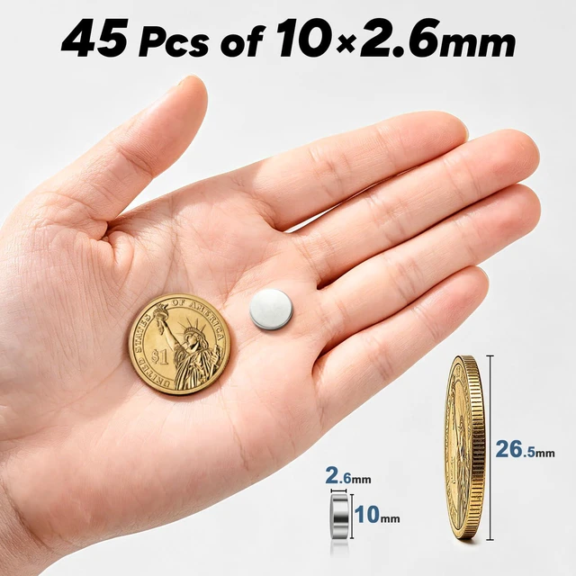 Alt view image 2 of 7 - 45 Pcs Refrigerator Magnets, 10x2.6mm Small Fridge Magnets, Silver | Multi-Use Premium Neodymium Office Magnets for Fridge, Whiteboard, Billboard in Home, Kitchen, Office and School