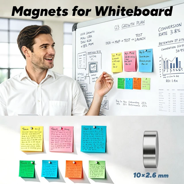 Alt view image 6 of 7 - 45 Pcs Refrigerator Magnets, 10x2.6mm Small Fridge Magnets, Silver | Multi-Use Premium Neodymium Office Magnets for Fridge, Whiteboard, Billboard in Home, Kitchen, Office and School