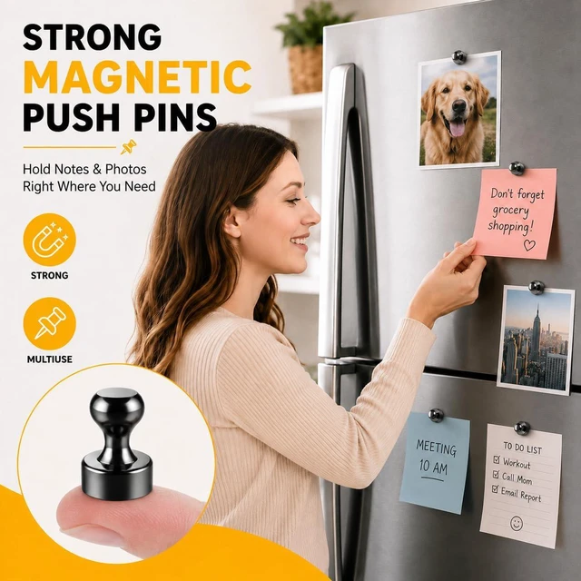 Alt view image 2 of 7 - 48 Pack Magnets for Whiteboard, Black Magnetic Push Pins | Whiteboard Magnets, Fridge Magnets, Small and Strong Push Pin Magnet, Sticky Note Holder for Office, School, Refrigerator