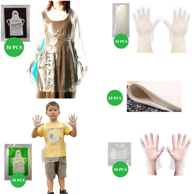 Alt view image 2 of 7 - Disposable Aprons Glove Adults&Kids Set,140pcs With Parchment Paper,Food Service Waterproof Oil-Proof Pe Plastic Sleeves Bibs&Gloves Protective Kit For Family Outdoor Picnic Camping Backyard BBQ