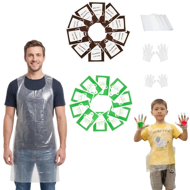 Main image of Disposable Aprons Glove Adults&Kids Set,140pcs With Parchment Paper,Food Service Waterproof Oil-Proof Pe Plastic Sleeves Bibs&Gloves Protective Kit For Family Outdoor Picnic Camping Backyard BBQ