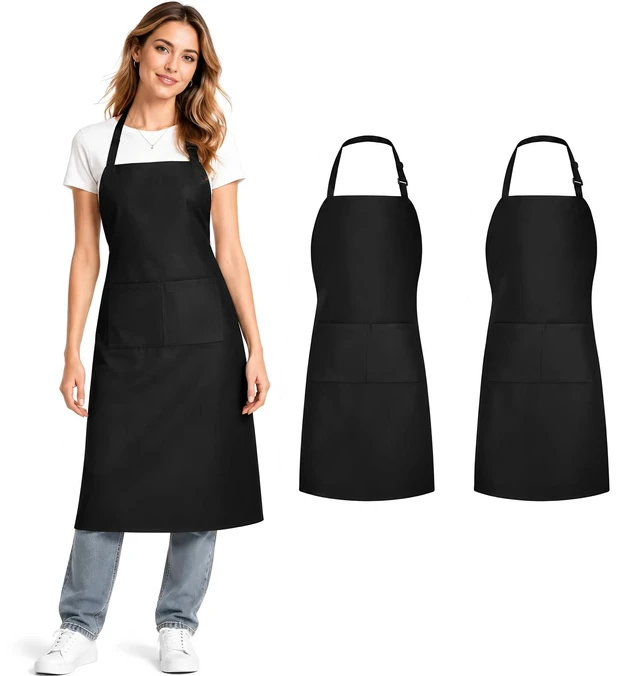 Main image of 2 Pack Black Kitchen Aprons: Chef Cooking Bid Apron for Adults Women & Men with Pockets - Adjustable Smock Aprons for BBQ Grilling Painting Artist Servers Baking Crafts(Black, 2 Pack)
