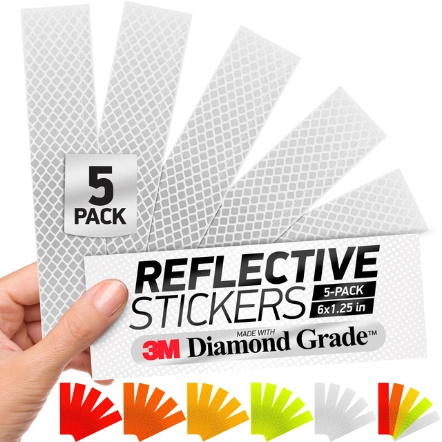 Main image of Reflective Stickers | 3M Diamond Grade | White | 1.25 x 6 | 5-Pack | Reflective Safety Tape for Helmets, Cars, Mailboxes & More