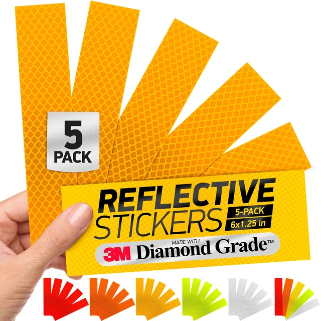 Main image of Reflective Stickers | 3M Diamond Grade | Yellow | 1.25 x 6 | 5-Pack | Reflective Safety Tape for Helmets, Cars, Mailboxes & More