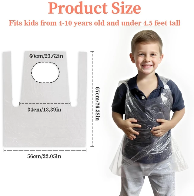 Alt view image 2 of 7 - 50 Plastic Disposable Aprons - 2.1ft/65cm Plastic Aprons Waterproof Disposable Paint Aprons Bulk Children Smocks Clear Eating Bibs for Painting Cooking Art Craft Picnic