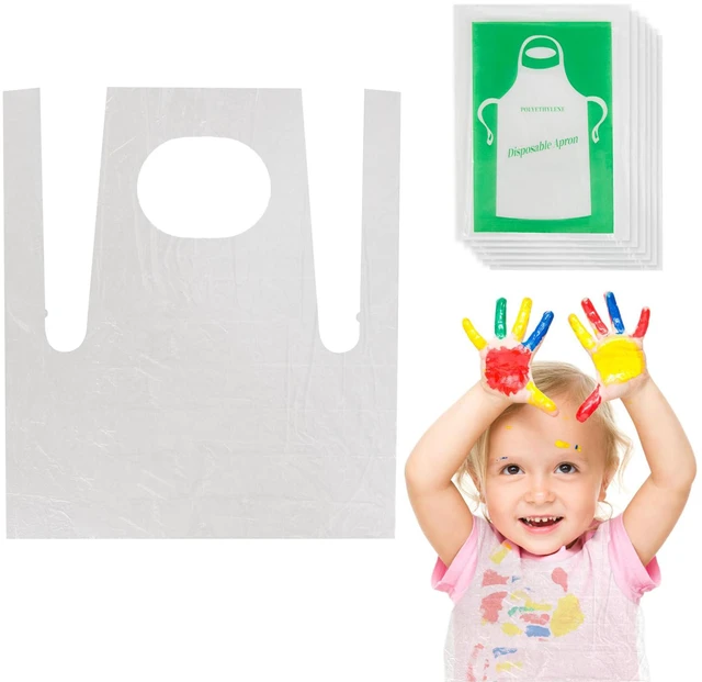 Main image of 50 Plastic Disposable Aprons - 2.1ft/65cm Plastic Aprons Waterproof Disposable Paint Aprons Bulk Children Smocks Clear Eating Bibs for Painting Cooking Art Craft Picnic