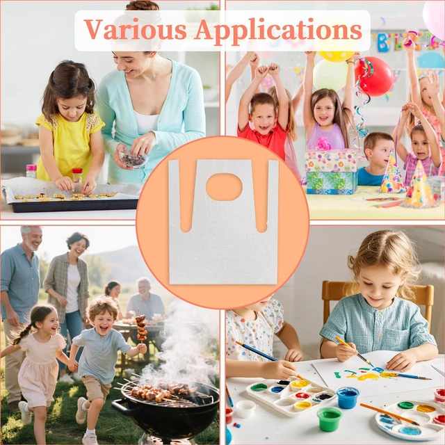 Alt view image 7 of 7 - 50 Plastic Disposable Aprons - 2.1ft/65cm Plastic Aprons Waterproof Disposable Paint Aprons Bulk Children Smocks Clear Eating Bibs for Painting Cooking Art Craft Picnic
