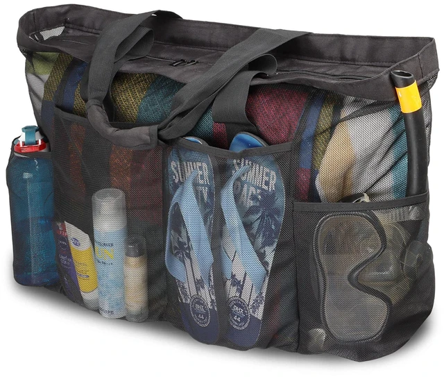 Main image of Extra Large Beach Bag, XL Mesh Tote with Zipper and Pockets,Black | Ideal for Your Family Cruise/Beach Vacation Essentials