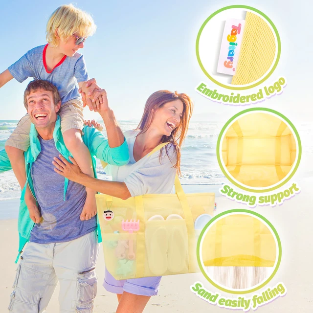 Alt view image 2 of 7 - Mesh Beach Bag with Zipper and 8 Pockets, Yellow Large Beach Tote Waterproof Sandproof for Camping Sports Pool Swim Bag Foldable Beach Accessories Toys Storage Travel Bag