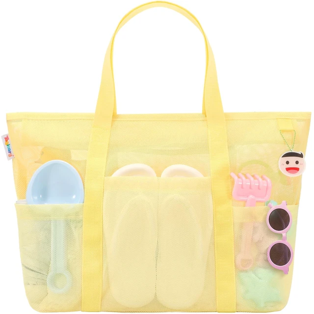 Main image of Mesh Beach Bag with Zipper and 8 Pockets, Yellow Large Beach Tote Waterproof Sandproof for Camping Sports Pool Swim Bag Foldable Beach Accessories Toys Storage Travel Bag