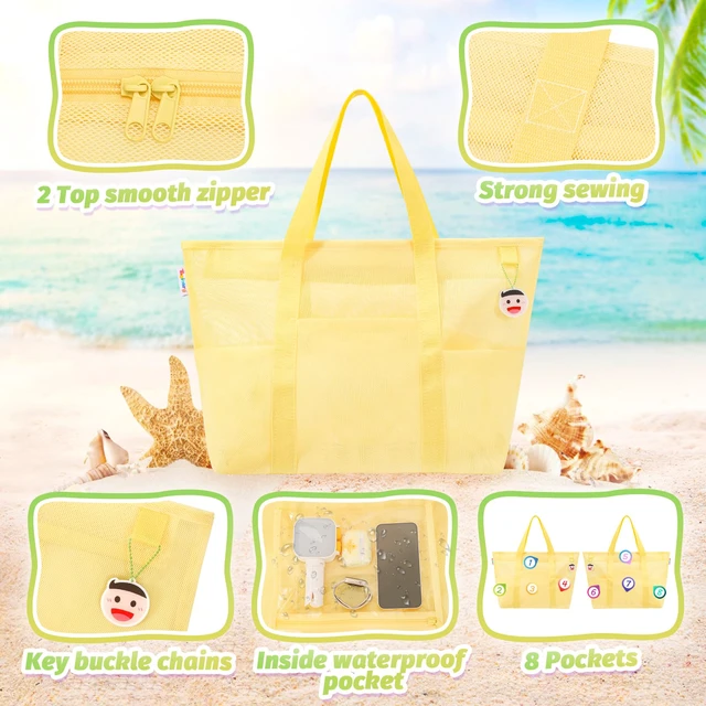 Alt view image 5 of 7 - Mesh Beach Bag with Zipper and 8 Pockets, Yellow Large Beach Tote Waterproof Sandproof for Camping Sports Pool Swim Bag Foldable Beach Accessories Toys Storage Travel Bag