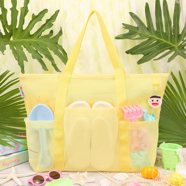 Alt view image 3 of 7 - Mesh Beach Bag with Zipper and 8 Pockets, Yellow Large Beach Tote Waterproof Sandproof for Camping Sports Pool Swim Bag Foldable Beach Accessories Toys Storage Travel Bag