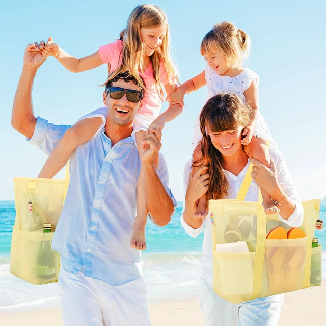 Alt view image 7 of 7 - Mesh Beach Bag with Zipper and 8 Pockets, Yellow Large Beach Tote Waterproof Sandproof for Camping Sports Pool Swim Bag Foldable Beach Accessories Toys Storage Travel Bag