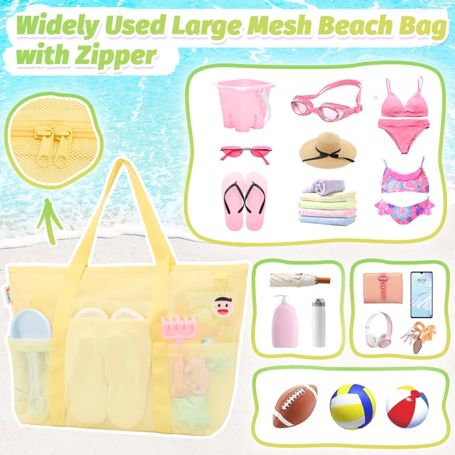 Alt view image 4 of 7 - Mesh Beach Bag with Zipper and 8 Pockets, Yellow Large Beach Tote Waterproof Sandproof for Camping Sports Pool Swim Bag Foldable Beach Accessories Toys Storage Travel Bag