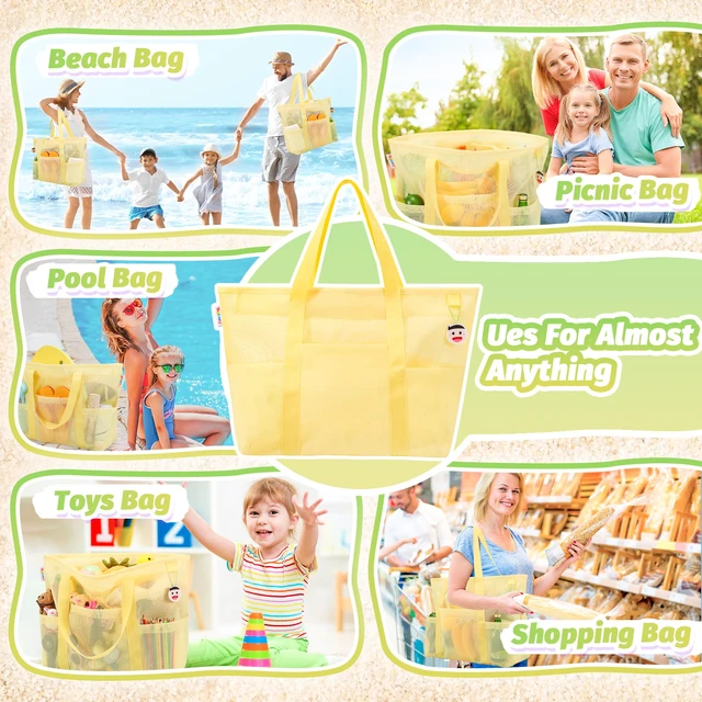 Alt view image 6 of 7 - Mesh Beach Bag with Zipper and 8 Pockets, Yellow Large Beach Tote Waterproof Sandproof for Camping Sports Pool Swim Bag Foldable Beach Accessories Toys Storage Travel Bag