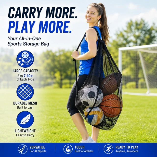 Alt view image 2 of 7 - Heavy Duty Mesh Ball Bag, Drawstring Sport Equipment Storage Bag for Basketball, Soccer, Sports Beach and Swimming Gears with Adjustable Shoulder Strap Outdoor Organizer (Black-L)