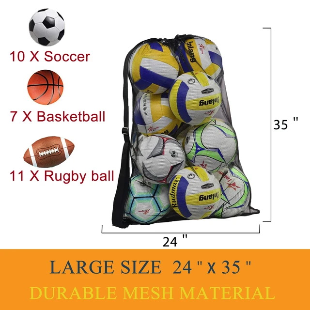 Alt view image 3 of 7 - Heavy Duty Mesh Ball Bag, Drawstring Sport Equipment Storage Bag for Basketball, Soccer, Sports Beach and Swimming Gears with Adjustable Shoulder Strap Outdoor Organizer (Black-L)