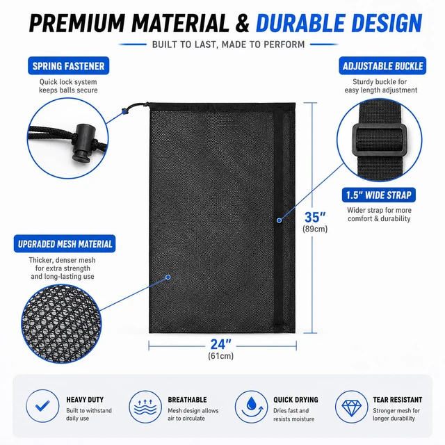 Alt view image 4 of 7 - Heavy Duty Mesh Ball Bag, Drawstring Sport Equipment Storage Bag for Basketball, Soccer, Sports Beach and Swimming Gears with Adjustable Shoulder Strap Outdoor Organizer (Black-L)