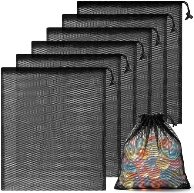 Main image of Mesh Bags Drawstring 15.5x13.5 Inch for Beach Toys Breathable Nylon Mesh Storage Bag with Drawstring for Travel Home Gym (6, Black)