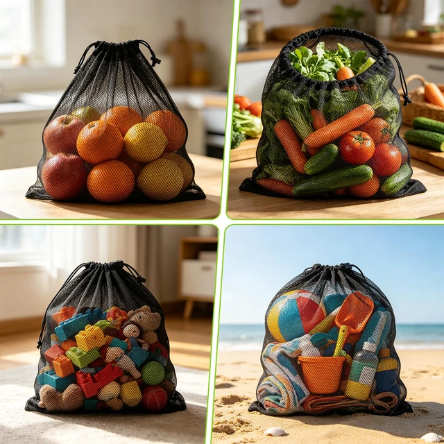 Alt view image 6 of 6 - Mesh Bags Drawstring 15.5x13.5 Inch for Beach Toys Breathable Nylon Mesh Storage Bag with Drawstring for Travel Home Gym (6, Black)