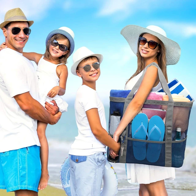 Alt view image 2 of 7 - Mesh Beach Bag Large - Pool Toys Bag for Beach Swim Cruise, Blue | 9 Pockets, Quick Dry, with Zipper Pocket, Portable Mesh Beach Tote Bag for Sand Toys, Towels, Pool, Travel Beach Essentials