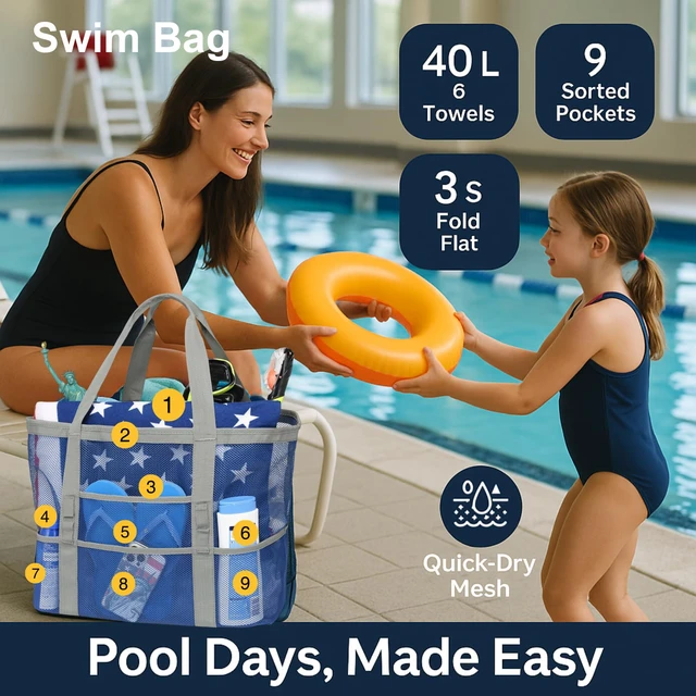 Alt view image 3 of 7 - Mesh Beach Bag Large - Pool Toys Bag for Beach Swim Cruise, Blue | 9 Pockets, Quick Dry, with Zipper Pocket, Portable Mesh Beach Tote Bag for Sand Toys, Towels, Pool, Travel Beach Essentials