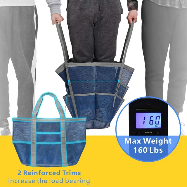 Alt view image 4 of 7 - Mesh Beach Bag Large - Pool Toys Bag for Beach Swim Cruise, Blue | 9 Pockets, Quick Dry, with Zipper Pocket, Portable Mesh Beach Tote Bag for Sand Toys, Towels, Pool, Travel Beach Essentials