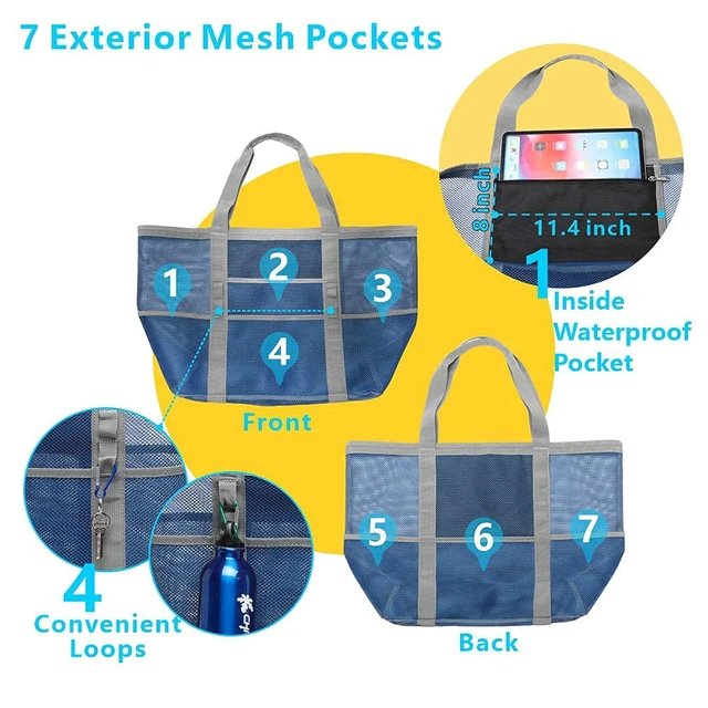 Alt view image 6 of 7 - Mesh Beach Bag Large - Pool Toys Bag for Beach Swim Cruise, Blue | 9 Pockets, Quick Dry, with Zipper Pocket, Portable Mesh Beach Tote Bag for Sand Toys, Towels, Pool, Travel Beach Essentials