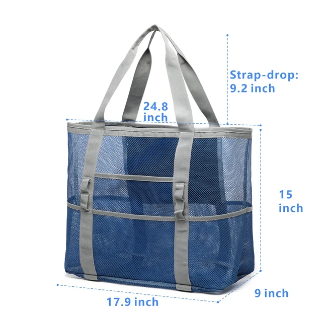 Alt view image 7 of 7 - Mesh Beach Bag Large - Pool Toys Bag for Beach Swim Cruise, Blue | 9 Pockets, Quick Dry, with Zipper Pocket, Portable Mesh Beach Tote Bag for Sand Toys, Towels, Pool, Travel Beach Essentials