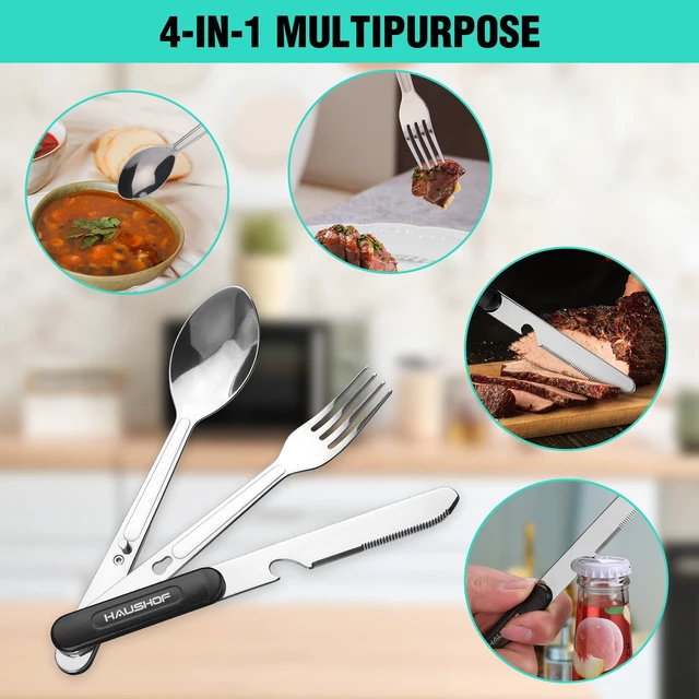 Alt view image 2 of 7 - 4-in-1 Camping Utensil, Stainless Steel Travel Utensil Set with Bag | Detachable Spoon, Fork, Knife, Bottle Opener - Camping Eating Utensils for Hiking, Picnic, Barbecue, 2-Pack