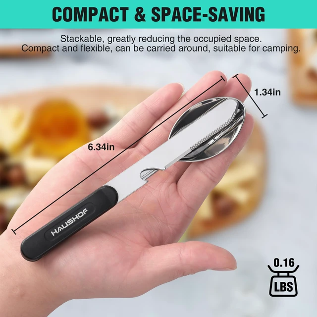 Alt view image 3 of 7 - 4-in-1 Camping Utensil, Stainless Steel Travel Utensil Set with Bag | Detachable Spoon, Fork, Knife, Bottle Opener - Camping Eating Utensils for Hiking, Picnic, Barbecue, 2-Pack