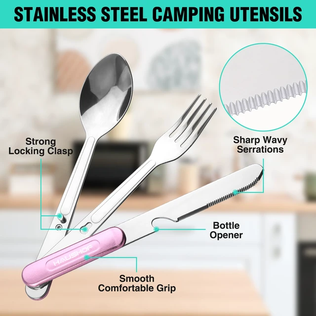 Alt view image 5 of 7 - 4-in-1 Camping Utensil, Stainless Steel Travel Utensil Set with Bag | Detachable Spoon, Fork, Knife, Bottle Opener - Camping Eating Utensils for Hiking, Picnic, Barbecue, 2-Pack