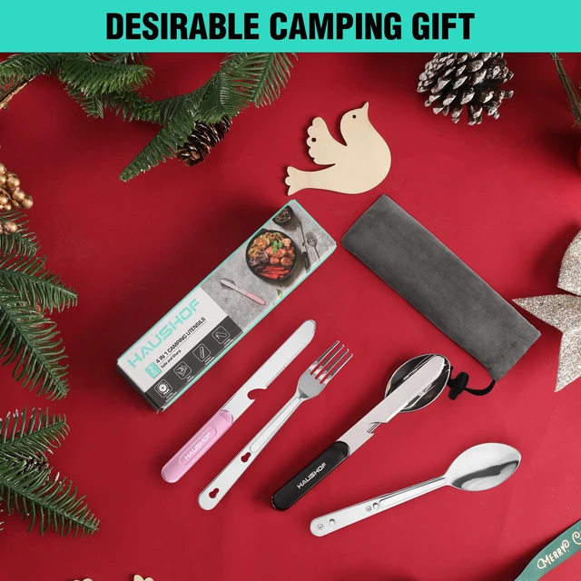 Alt view image 6 of 7 - 4-in-1 Camping Utensil, Stainless Steel Travel Utensil Set with Bag | Detachable Spoon, Fork, Knife, Bottle Opener - Camping Eating Utensils for Hiking, Picnic, Barbecue, 2-Pack