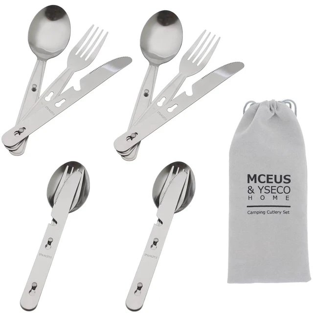 Main image of 4-in-1 Camping Utensils Hiking Cutlery Set for 4, Portable Stainless Steel Flatware Spoon Fork, Knife & Bottle Opener Combo pack for Picnic Travel, Barbecue, Backpack Outdoor Gear with Carrying Bag