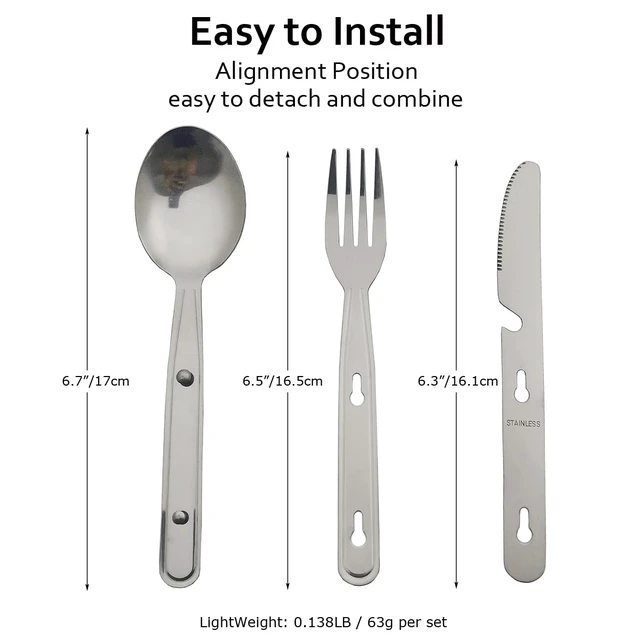 Alt view image 2 of 7 - 4-in-1 Camping Utensils Hiking Cutlery Set for 4, Portable Stainless Steel Flatware Spoon Fork, Knife & Bottle Opener Combo pack for Picnic Travel, Barbecue, Backpack Outdoor Gear with Carrying Bag