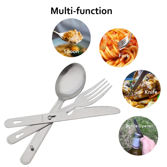 Alt view image 3 of 7 - 4-in-1 Camping Utensils Hiking Cutlery Set for 4, Portable Stainless Steel Flatware Spoon Fork, Knife & Bottle Opener Combo pack for Picnic Travel, Barbecue, Backpack Outdoor Gear with Carrying Bag