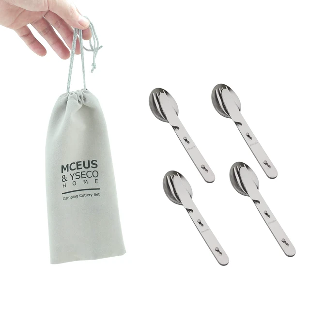 Alt view image 4 of 7 - 4-in-1 Camping Utensils Hiking Cutlery Set for 4, Portable Stainless Steel Flatware Spoon Fork, Knife & Bottle Opener Combo pack for Picnic Travel, Barbecue, Backpack Outdoor Gear with Carrying Bag