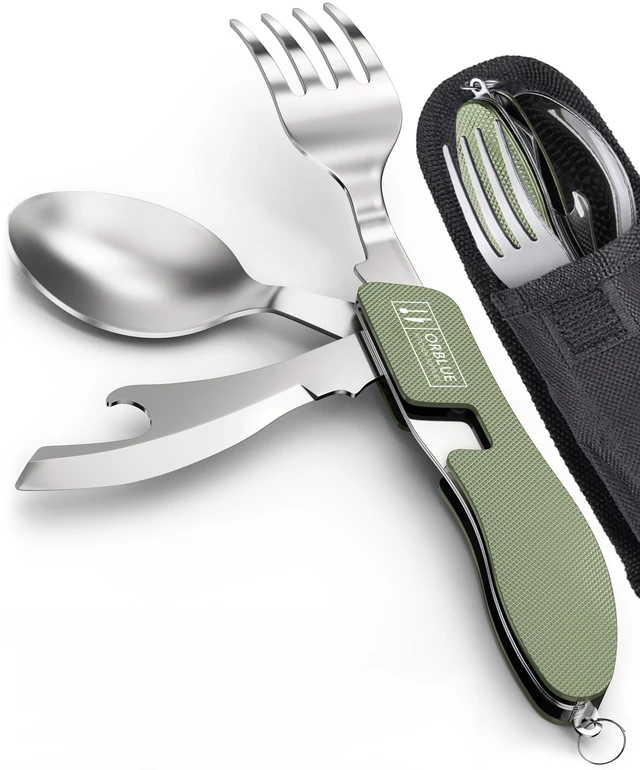 Main image of 4-in-1 Camping Eating Utensils, 2-Pack - Portable Spoon, Fork, Knife & Bottle Opener Combo Set - Stainless Steel Flatware with Detachable Fork - Backpacking Cutlery Multitool, Olive Green