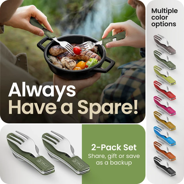 Alt view image 6 of 7 - 4-in-1 Camping Eating Utensils, 2-Pack - Portable Spoon, Fork, Knife & Bottle Opener Combo Set - Stainless Steel Flatware with Detachable Fork - Backpacking Cutlery Multitool, Olive Green
