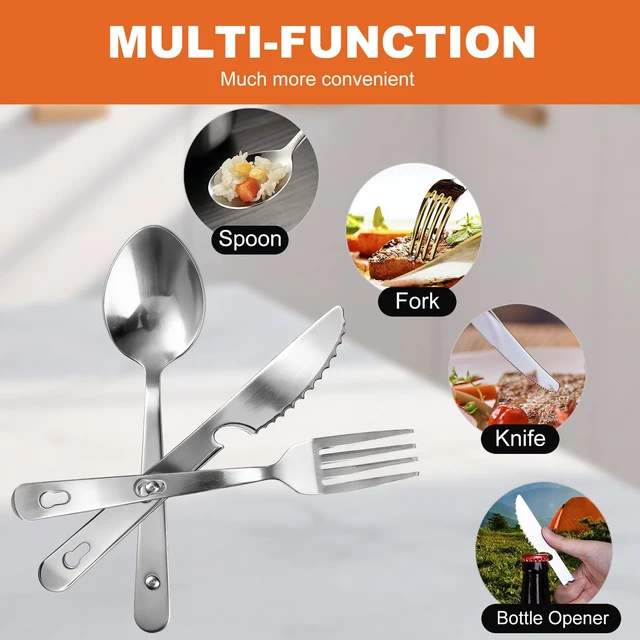 Alt view image 3 of 7 - Travel Utensils with Pouch, 4-in-1 Silverware Set 3-Pack with Portable Stainless Steel Spoon, Fork, Knife & Bottle Opener Combo, Cutlery Set for Camping, Hiking, Picnic, Gadgets, Lunch Box for Men