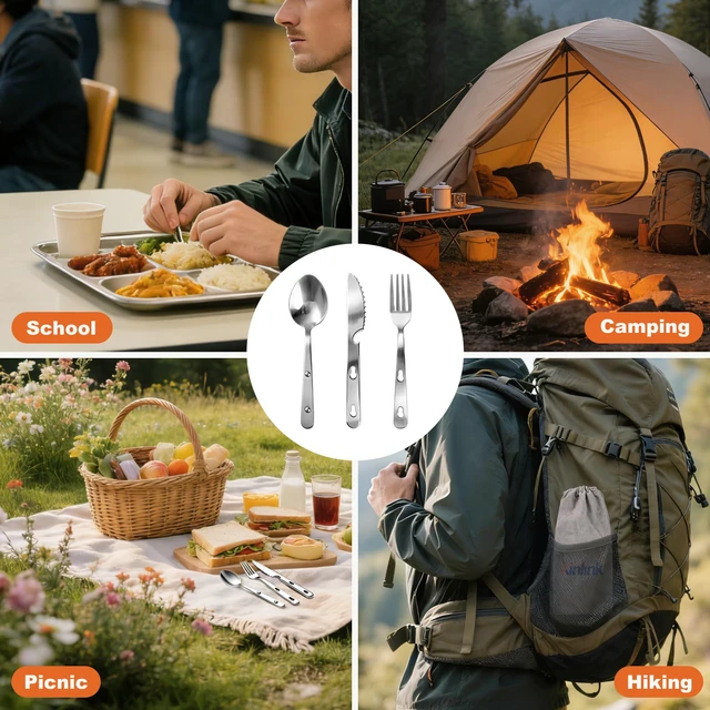 Alt view image 6 of 7 - Travel Utensils with Pouch, 4-in-1 Silverware Set 3-Pack with Portable Stainless Steel Spoon, Fork, Knife & Bottle Opener Combo, Cutlery Set for Camping, Hiking, Picnic, Gadgets, Lunch Box for Men