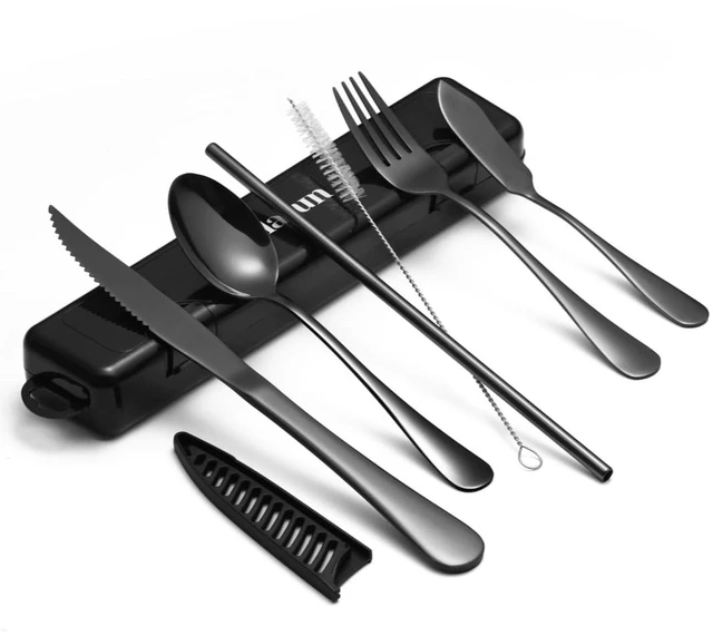 Main image of 8-pieces Travel Set with Case Portable Silverware Utensils Set for work, Stainless Steel Reusable Flatware Set Cutlery Set for Camping Picnic Hiking Office (8, black)