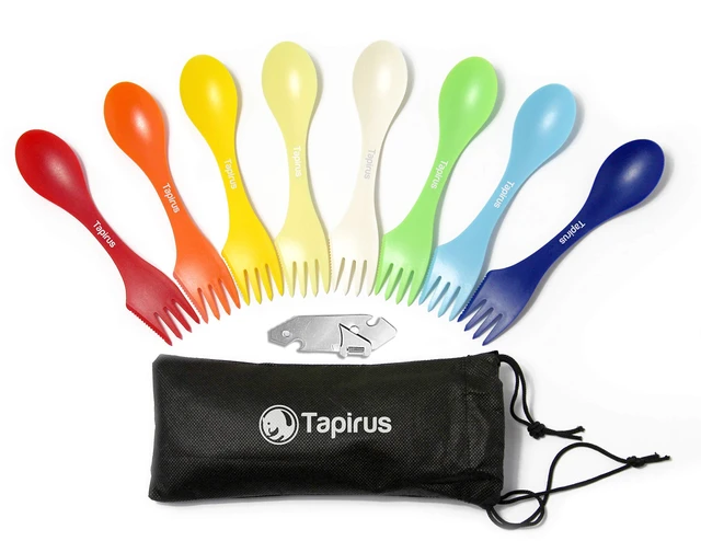 Main image of Camping Sporks to Go V8 Set - 7" BPA Free Plastic Sporks Reusable - Camping Spoon Fork Knife Combo with Bottle Opener & Case - For Hiking, Hunting, Backpacking Utensils, MREs - Pack of 8