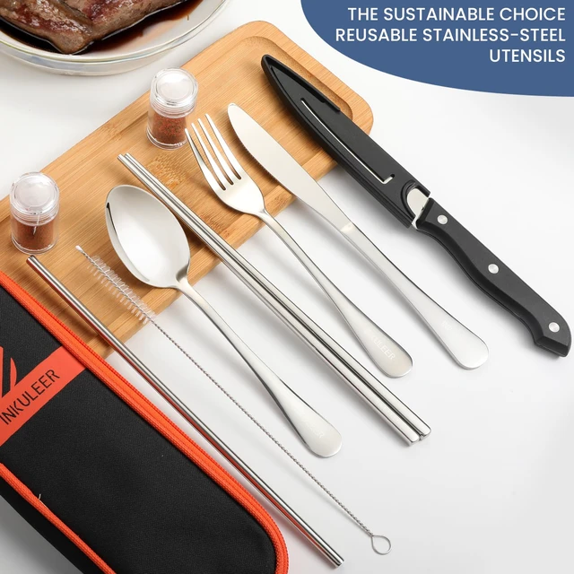 Alt view image 2 of 5 - Travel Cutlery, Portable Cutlery Set | Portable Silverware Set, 18/8 Stainless Steel Lunch Reusable Travel Cutlery Set, Fork and Spoon/Knife Set for Camping | Full-size camping cutlery set.
