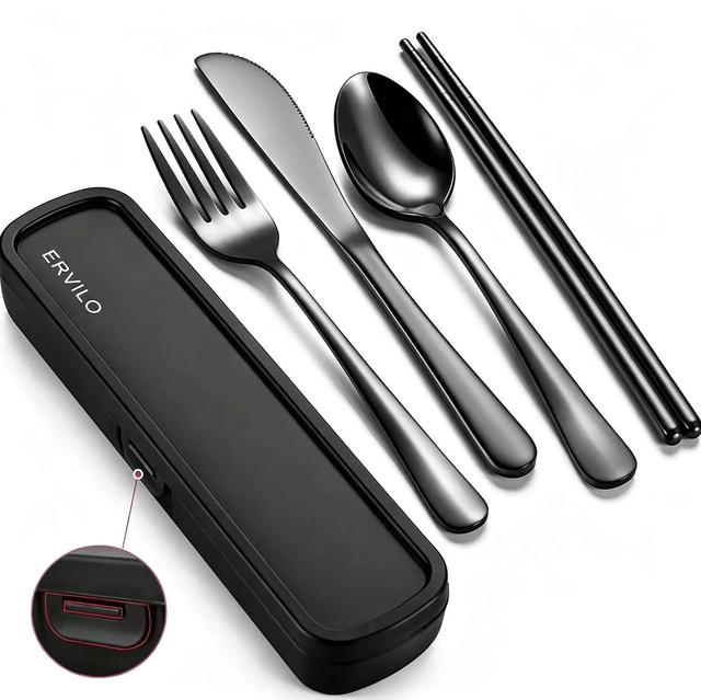 Main image of Travel Utensils with Case, Stainless Steel Portable Cutlery Set for Camping Picnic, Lunch Box Silverware for Work, Reinforced Case with Snap-Lock Closure, Include Fork Spoon Knife Chopsticks, Black