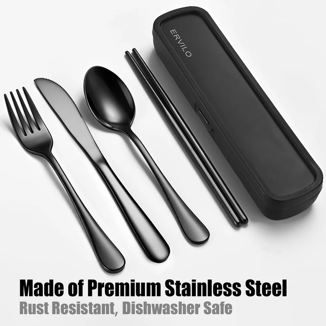Alt view image 2 of 7 - Travel Utensils with Case, Stainless Steel Portable Cutlery Set for Camping Picnic, Lunch Box Silverware for Work, Reinforced Case with Snap-Lock Closure, Include Fork Spoon Knife Chopsticks, Black