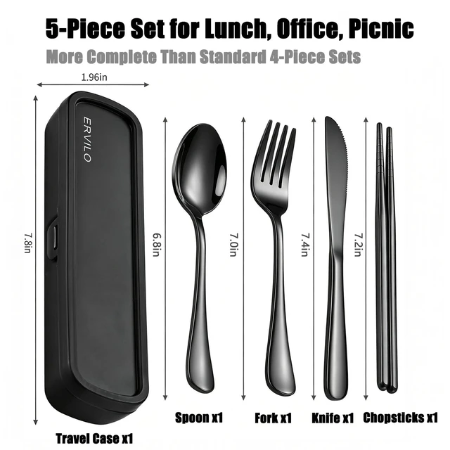 Alt view image 4 of 7 - Travel Utensils with Case, Stainless Steel Portable Cutlery Set for Camping Picnic, Lunch Box Silverware for Work, Reinforced Case with Snap-Lock Closure, Include Fork Spoon Knife Chopsticks, Black