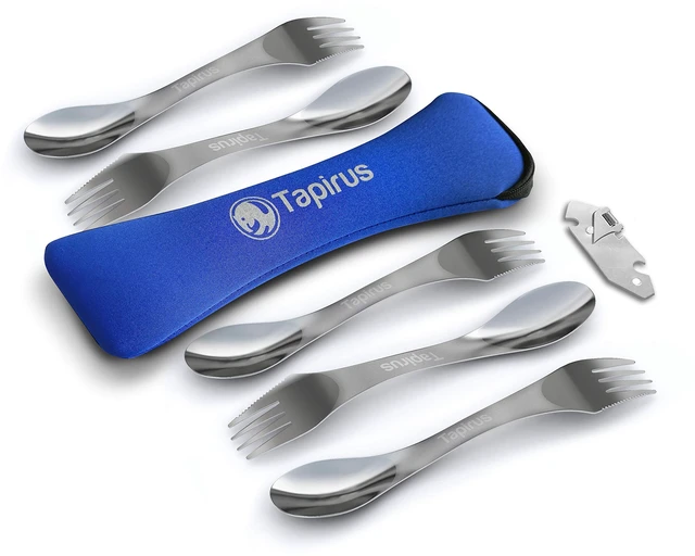 Main image of 5 Spork Of Steel Utensils Set - 8-inch Long Durable & Rust Proof Stainless Steel Spoon, Fork & Knife Flatware - For Camping, Fishing, & Hunting - With Bottle Opener & Carrying Case